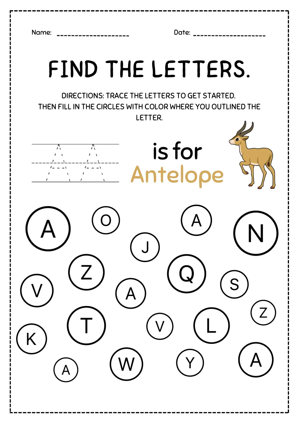 Letter A is for Antelope: students trace capital A twice, then color the 5 circles showing A to practise letter recognition