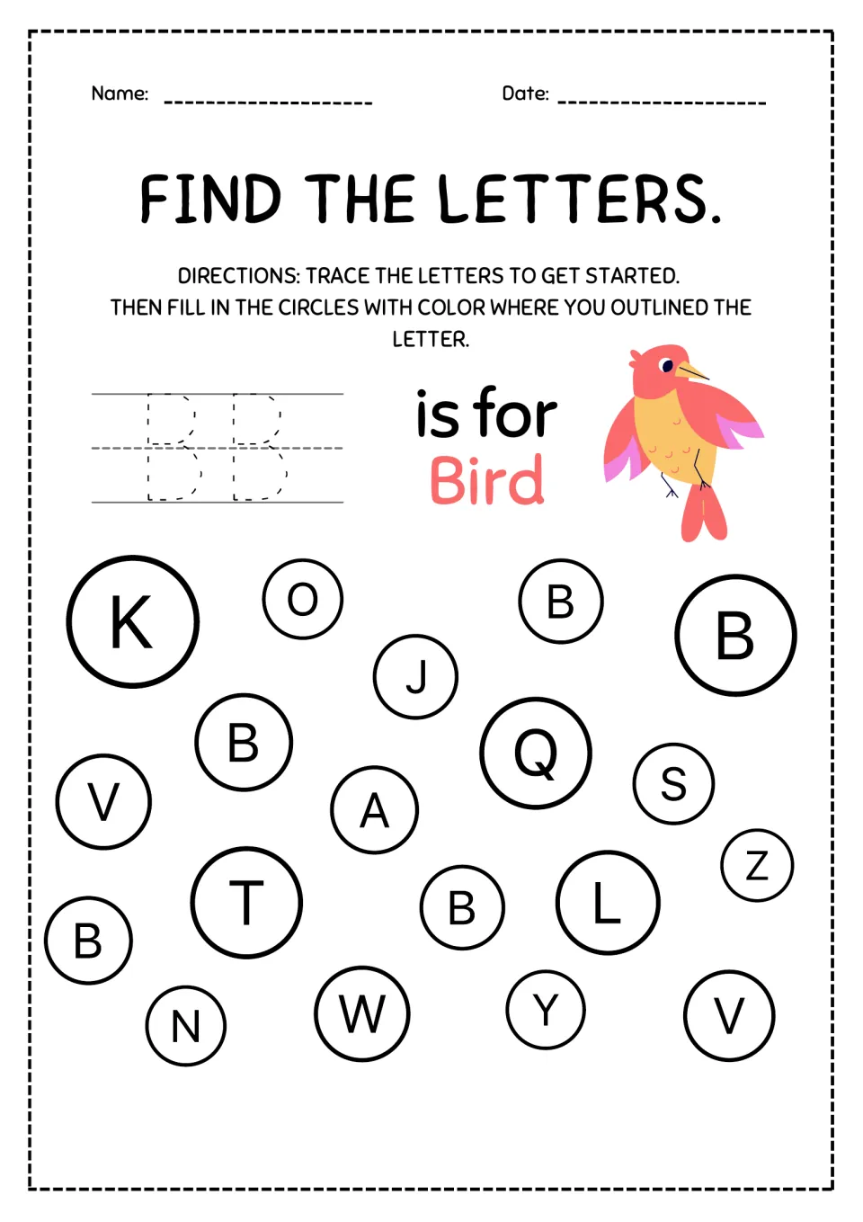 Letter B is for Bird: students trace capital B twice, then find and color the 5 circles with B among mixed letters