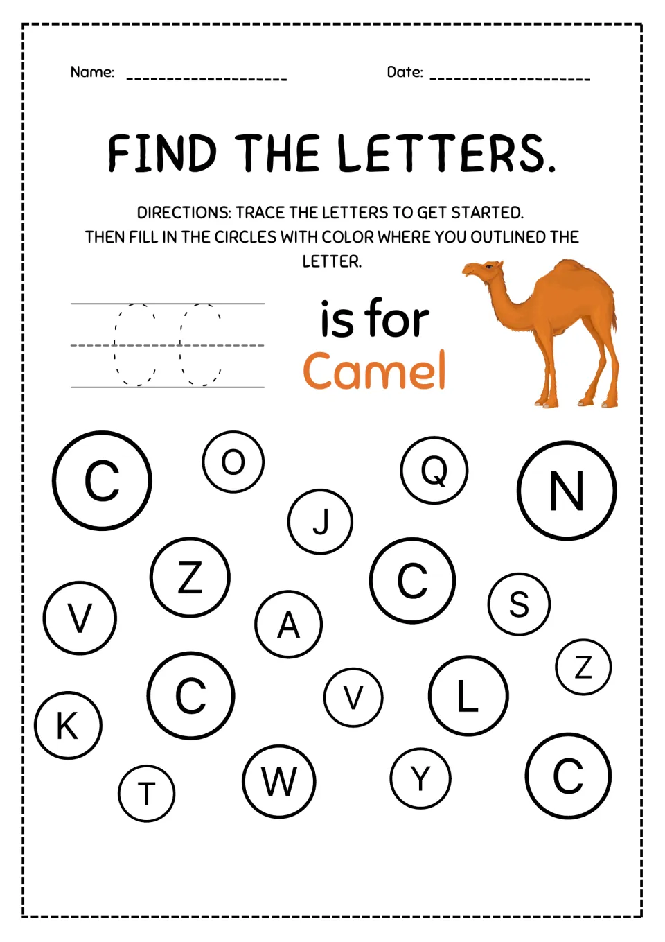 Letter C is for Camel: students trace capital C twice, then spot and color the 4 circles holding C in a letter scatter
