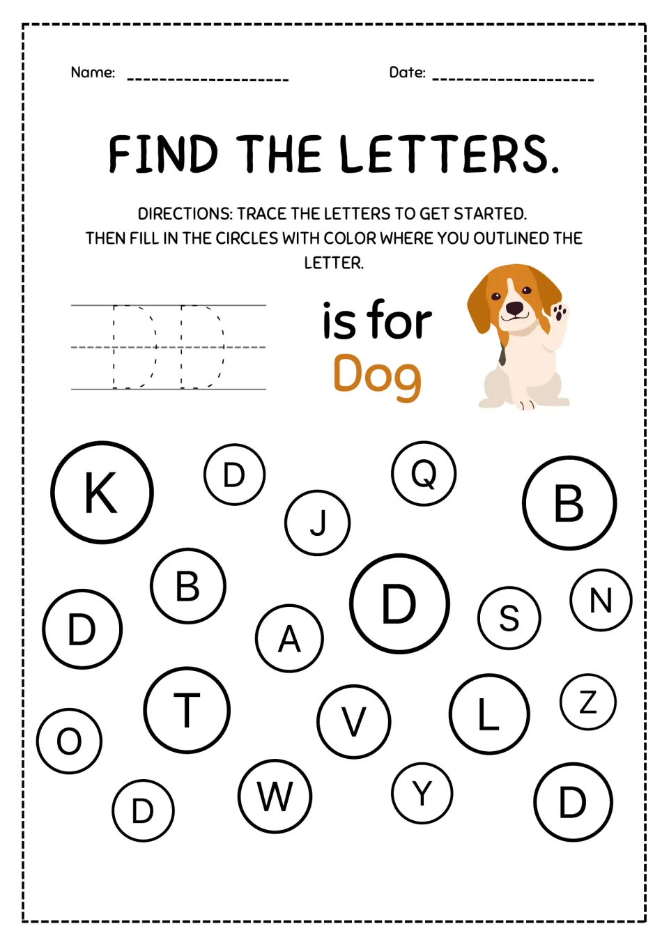 Letter D is for Dog: learners trace capital D twice, then color every circle with D, 5 in all, building letter recognition