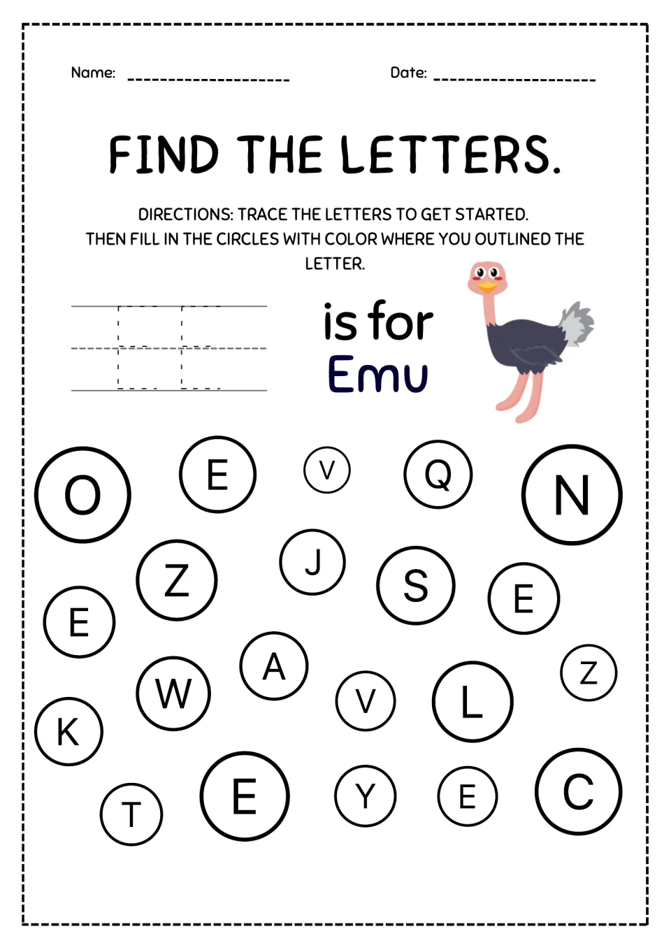 Letter E is for Emu: students trace capital E twice, then search the mixed letters and color the 5 circles marked E