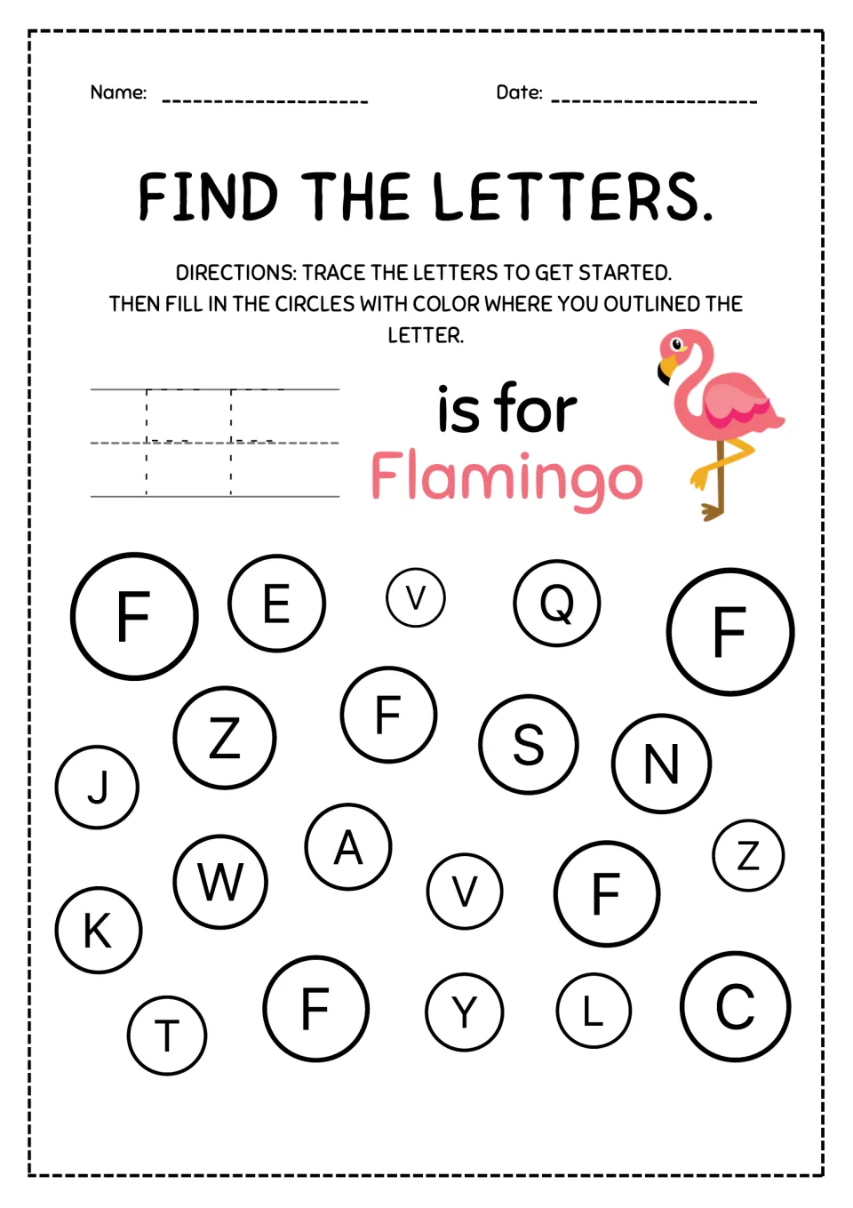 Letter F is for Flamingo: students trace capital F twice, then color the 5 circles containing F among other letters