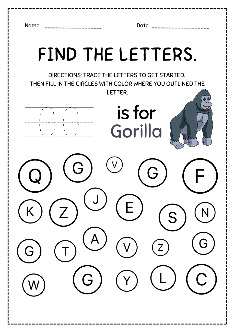 Letter G is for Gorilla: students trace capital G twice, then color the 5 circles with G, telling it apart from C and Q