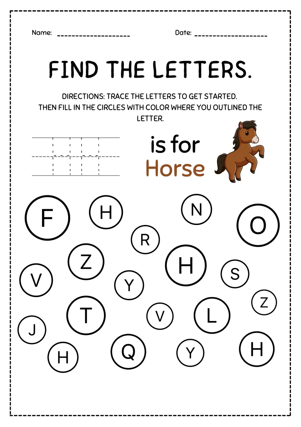 Letter H is for Horse: students trace capital H twice, then color the 4 circles showing H in a scatter of mixed letters