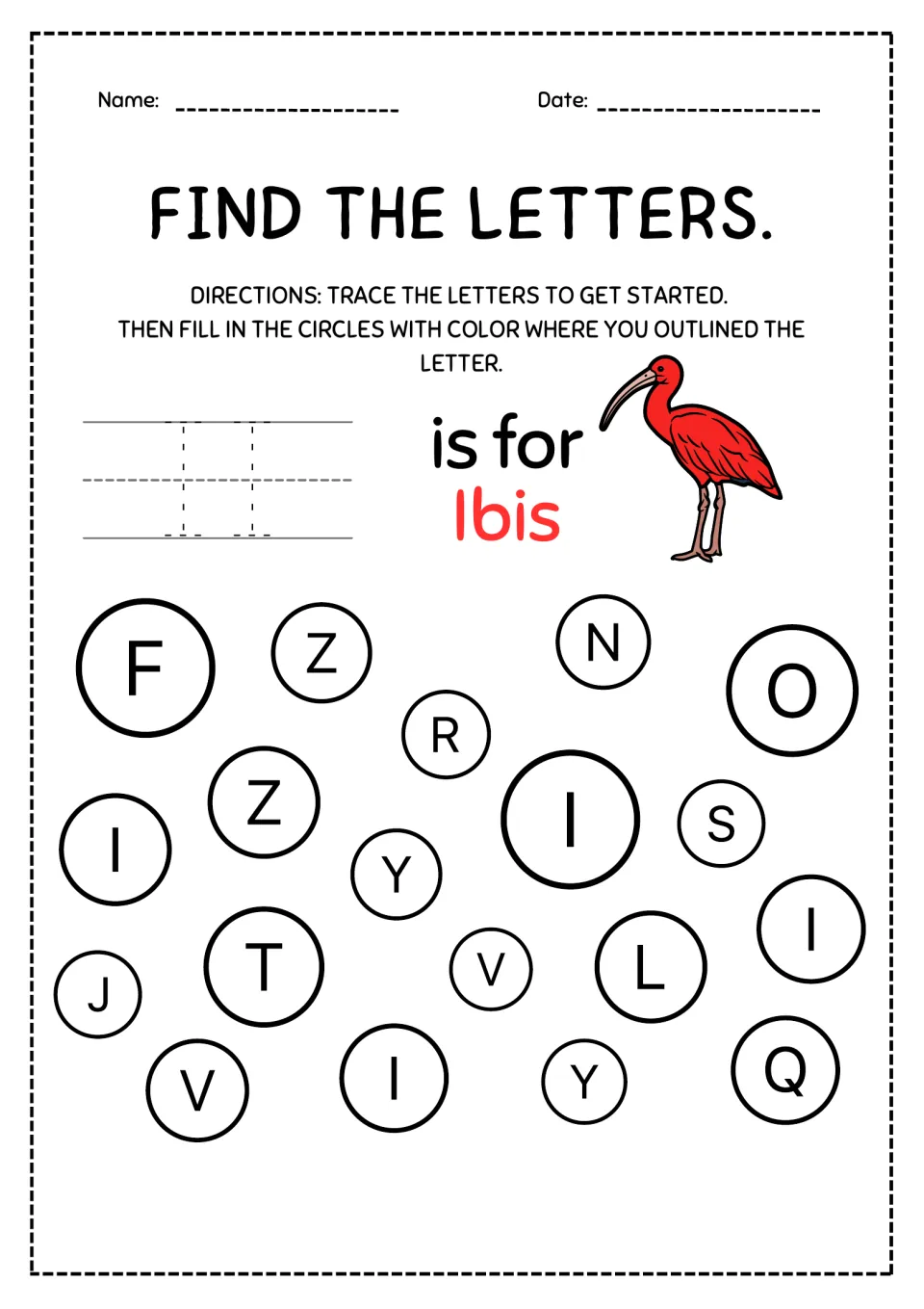 Letter I is for Ibis: students trace capital I twice, then find and color the 4 circles holding I among F, L, T and others