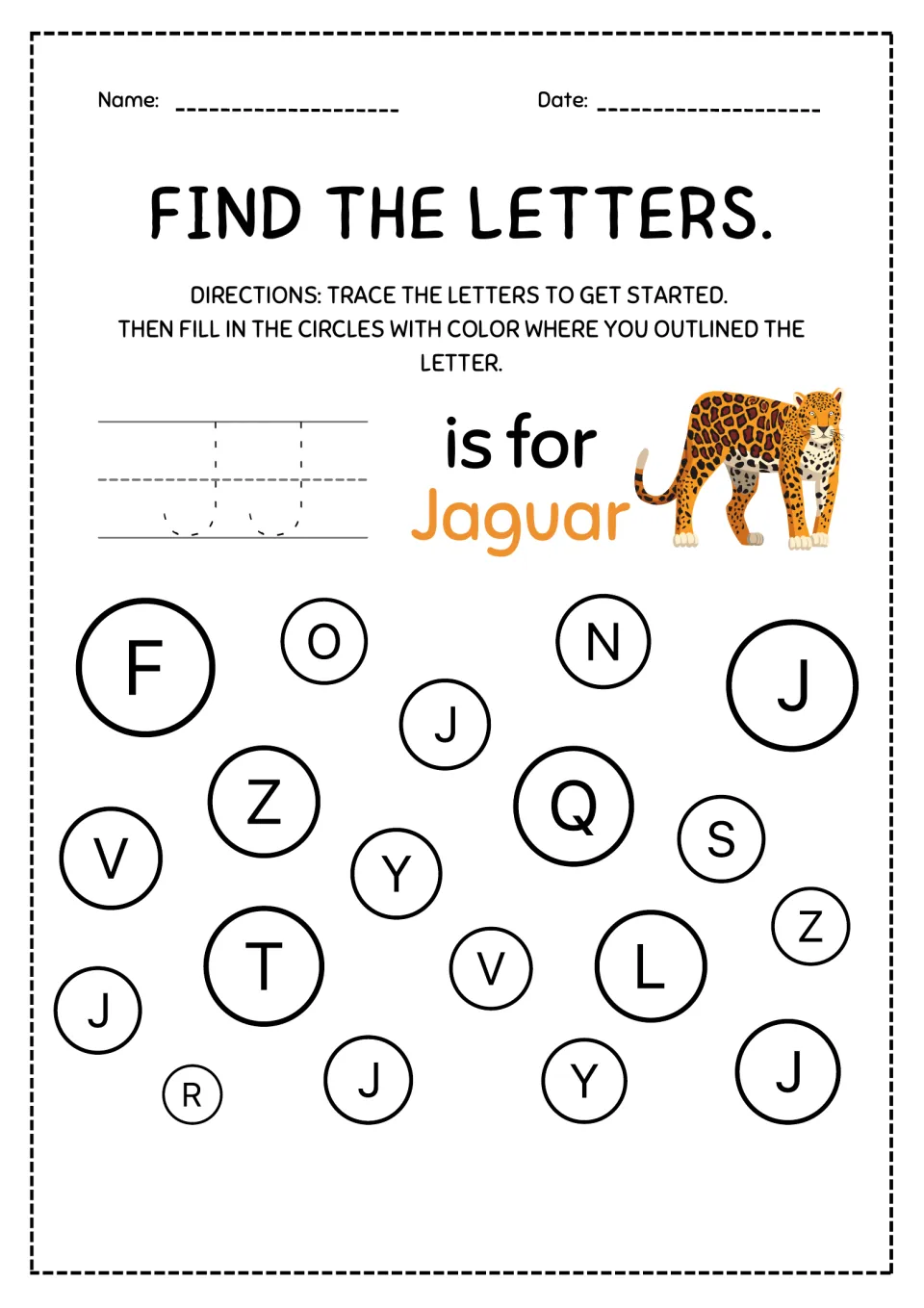 Letter J is for Jaguar: students trace capital J twice, then color the 5 circles with J hidden among mixed letters