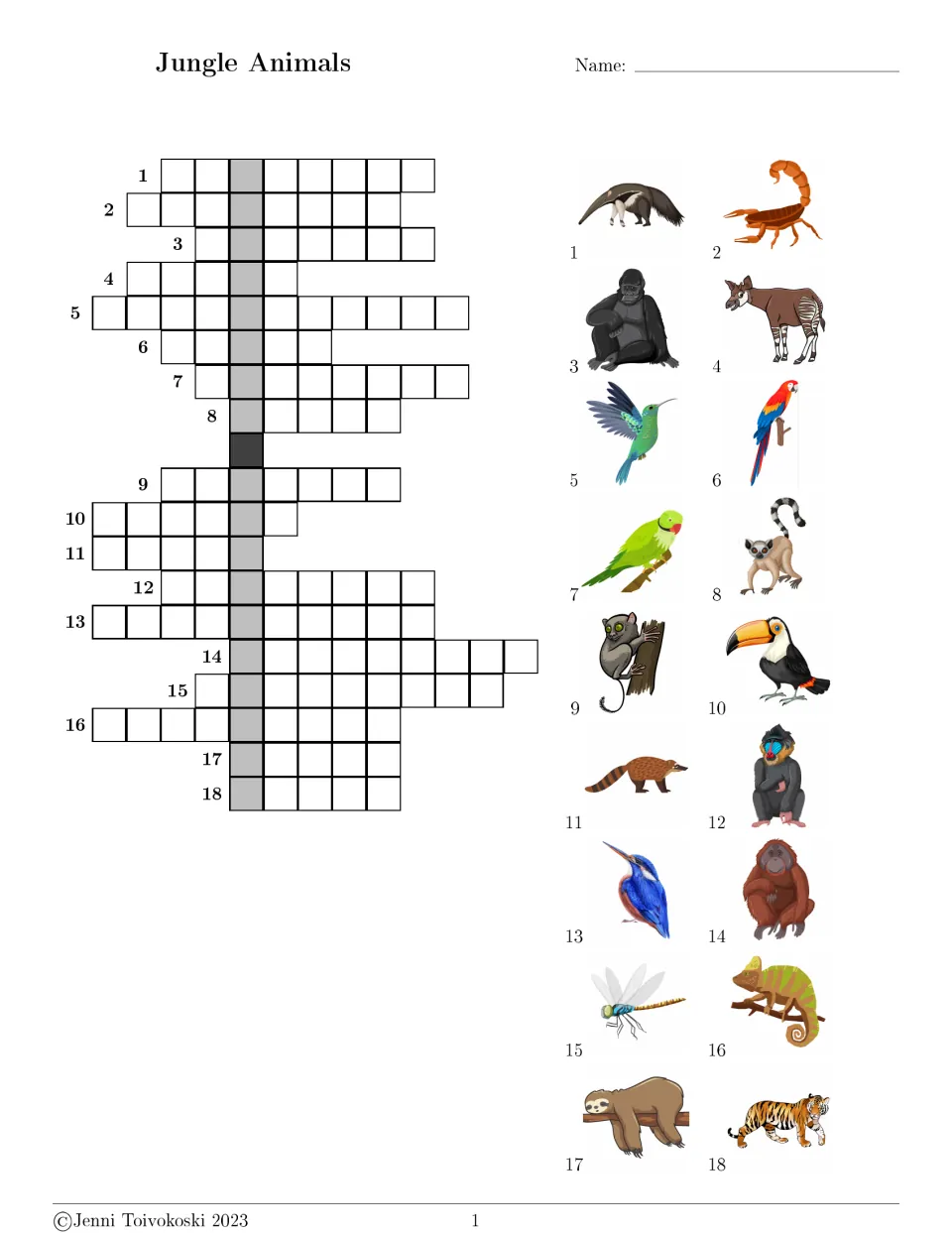 Jungle animals picture crossword: students name 18 pictured animals, such as anteater and toucan, to fill the grid