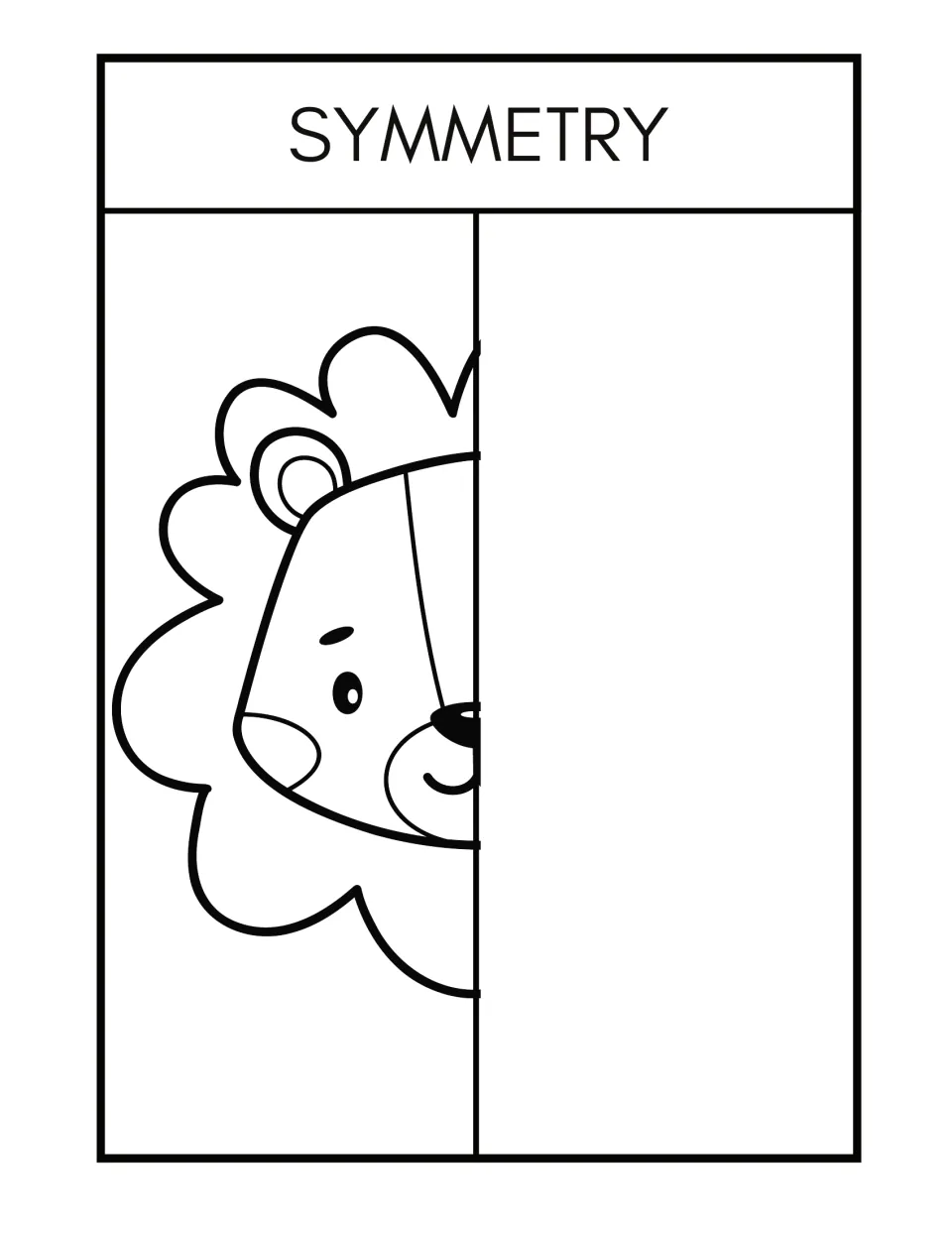 Symmetry worksheet 1: complete the missing half of a lion's face, including its rounded mane and ear