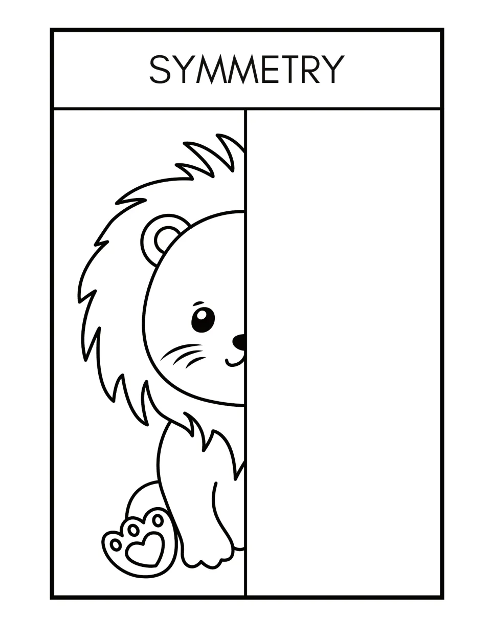 Symmetry worksheet 2: complete the missing half of a seated lion with a shaggy mane and heart-shaped paw pad