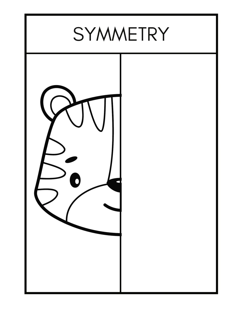 Symmetry worksheet 3: complete the missing half of a tiger's face, including its stripes and rounded ear