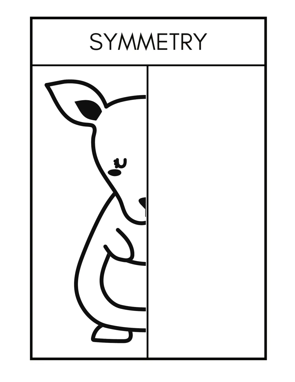 Symmetry worksheet 4: complete the missing half of a kangaroo with a pointed ear, small arm, and pouch