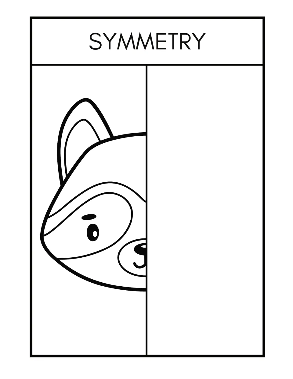 Symmetry worksheet 5: complete the missing half of a raccoon's face with a pointed ear and eye marking