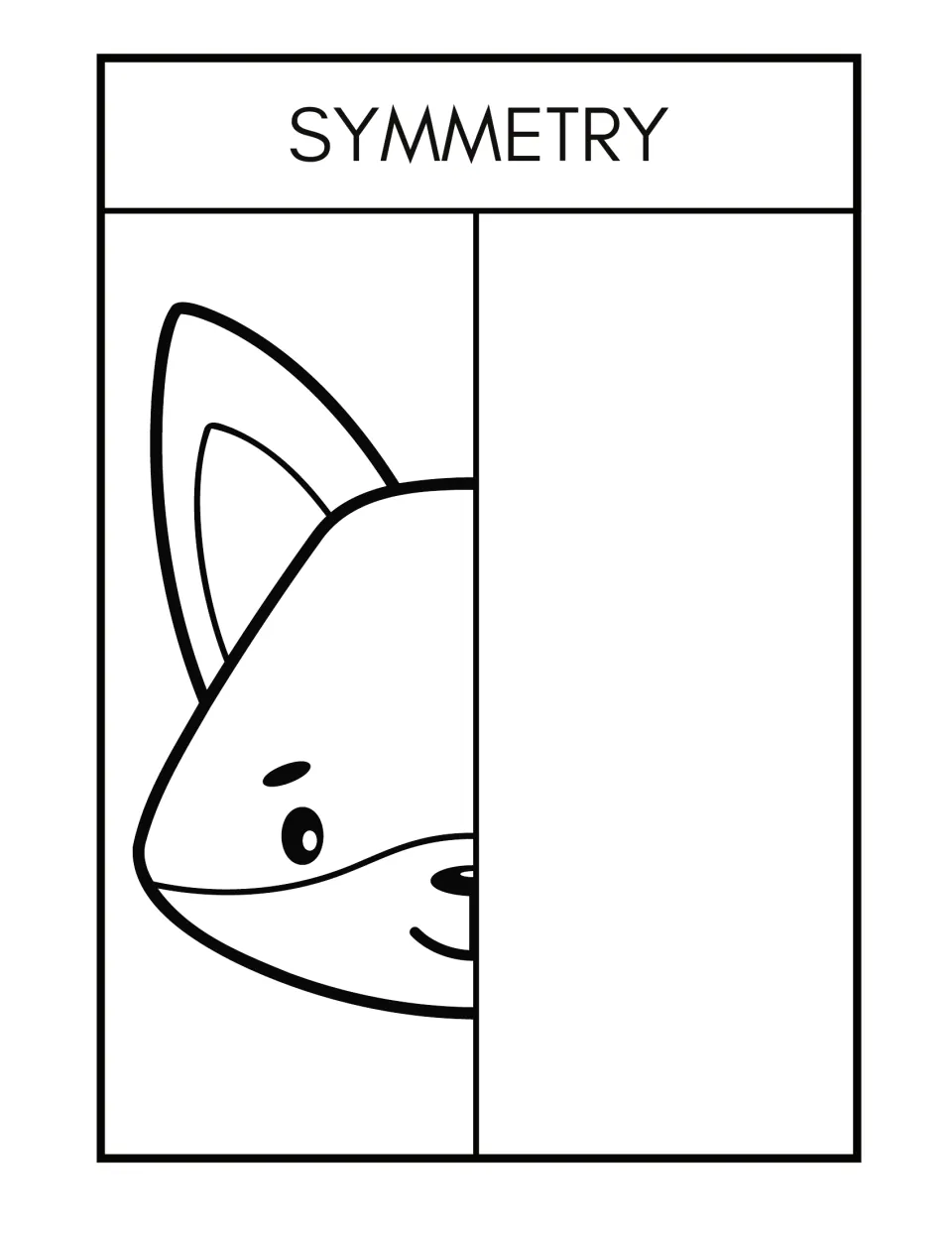Symmetry worksheet 6: complete the missing half of a fox's face with a large pointed ear and smiling muzzle