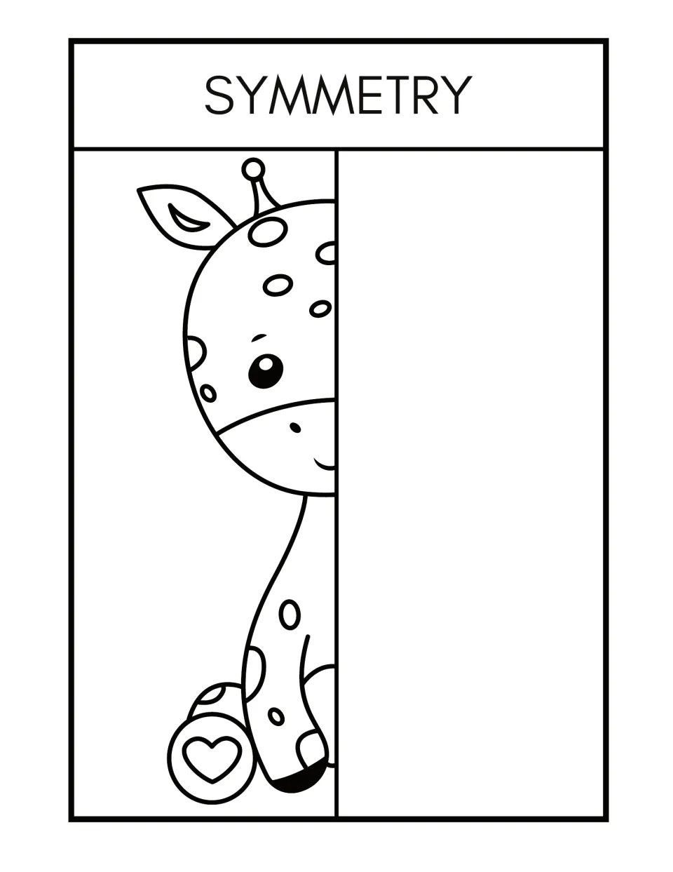 Symmetry worksheet 7: complete the missing half of a seated giraffe with spots and a heart-shaped foot detail