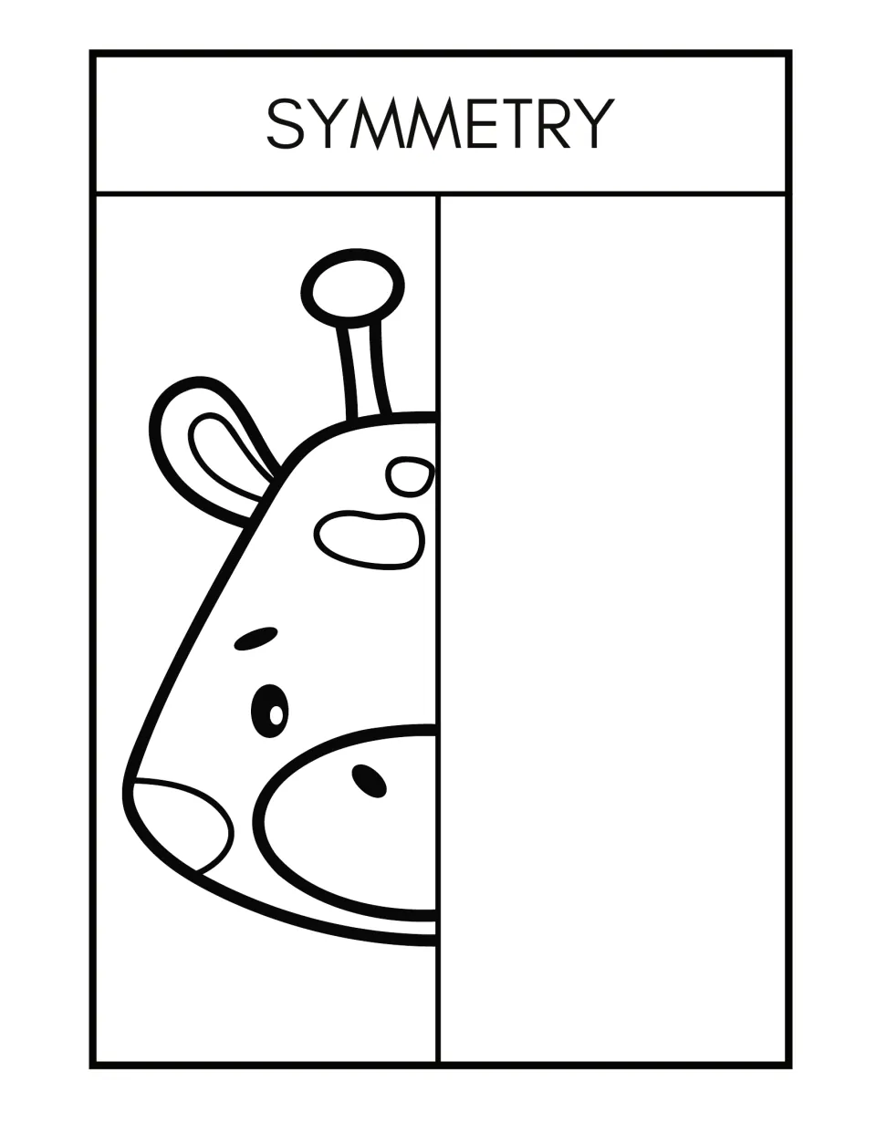 Symmetry worksheet 9: complete the missing half of a giraffe's face, including its horn, ear, and spots