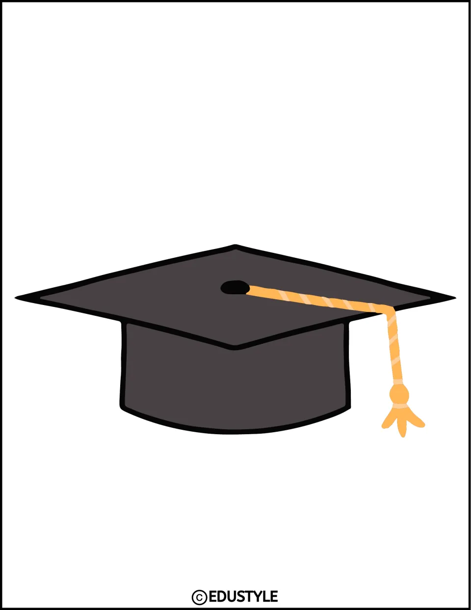 Graduation cap cut-out: a dark gray mortarboard with an orange tassel hanging to the right, for the graduation display