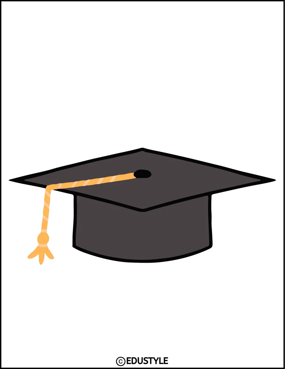 Graduation cap cut-out facing the other way: dark gray mortarboard with its orange tassel draping down on the left side