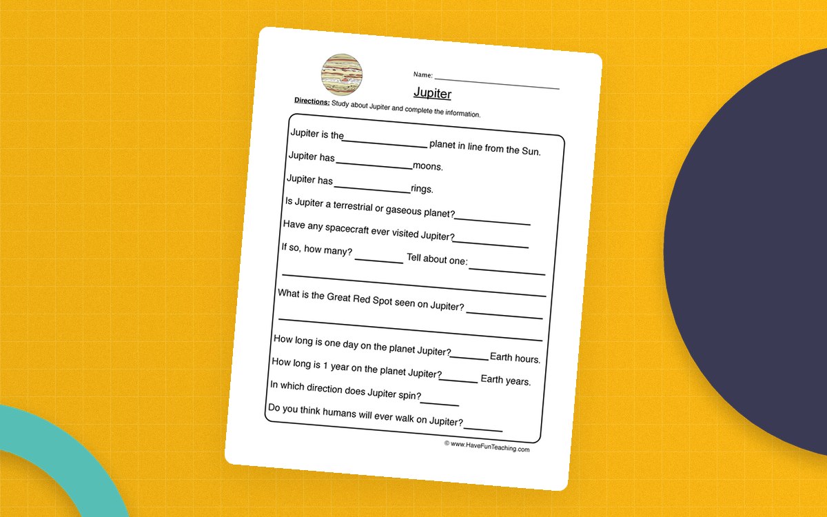 Jupiter Planet Worksheet preview: One-page Jupiter research questionnaire