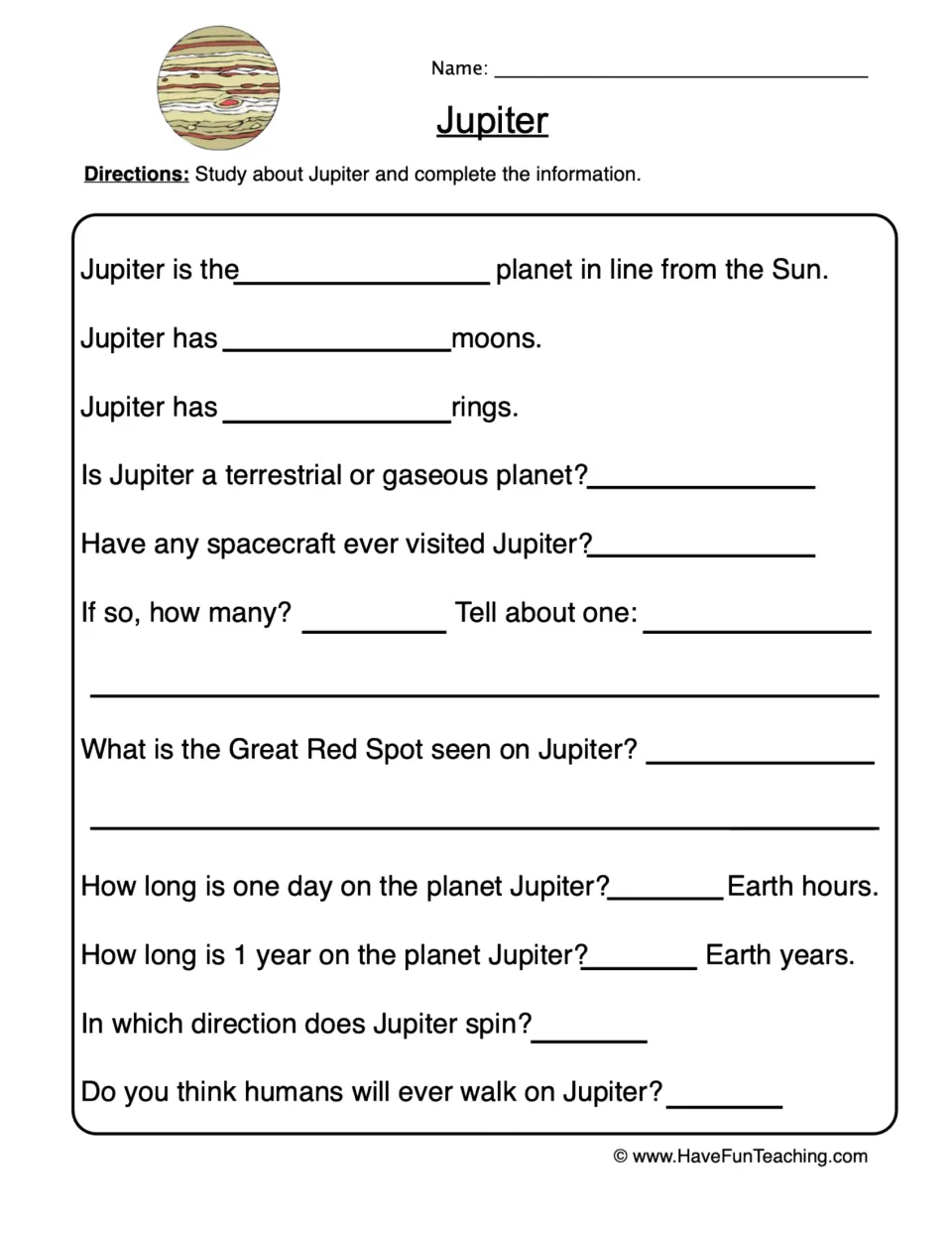Jupiter research: students fill in facts on its order from the Sun, moons, rings, Great Red Spot, day and year length