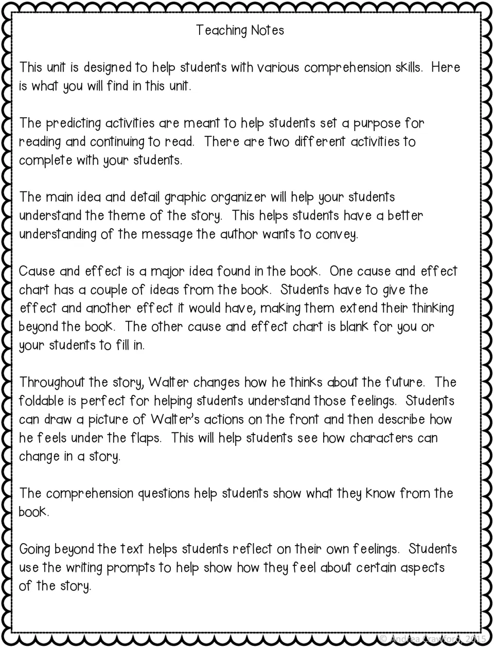 Teaching notes explaining the unit's prediction, main idea, cause and effect, feelings foldable and writing activities