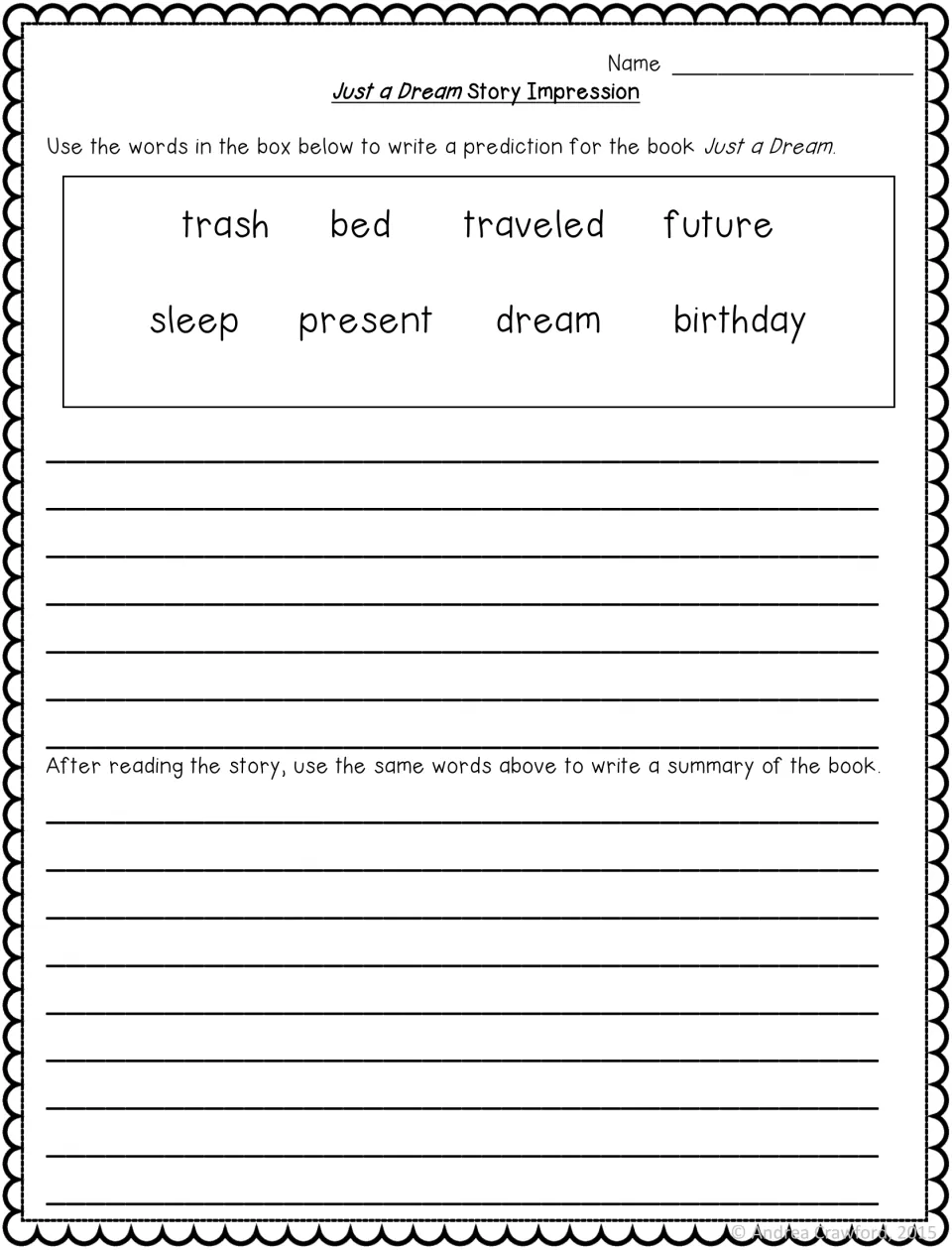 Story impression: students use 8 words like trash, future and dream to predict the plot, then reuse them to summarize