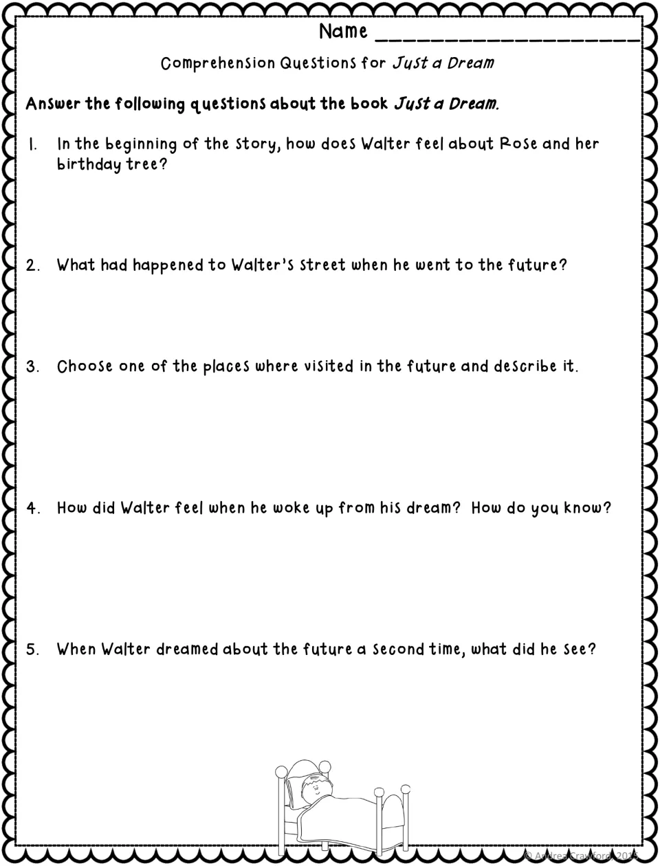 Comprehension questions: students answer 5 items on Walter's feelings, Rose's birthday tree and his trips to the future