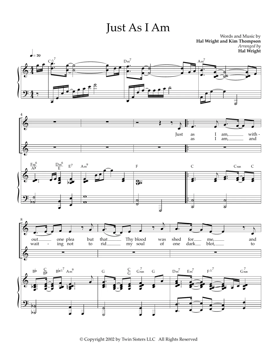 Just As I Am opening score, bars 1-10: piano intro at 70 bpm, then verse 1 and 2 lyrics on the vocal line with chords