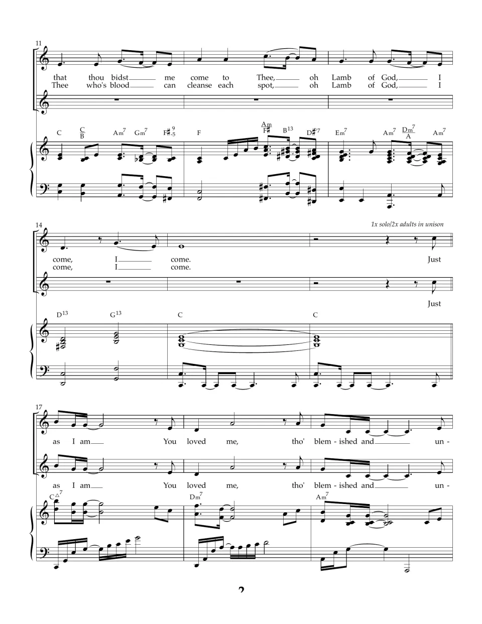 Song score, bars 11-19: verse ends on 'Lamb of God, I come', then the solo or adult unison part sings 'You loved me'