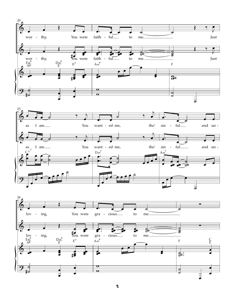 Vocal score, bars 20-28: two parts sing 'You were faithful to me' and 'You were gracious to me' over piano chords