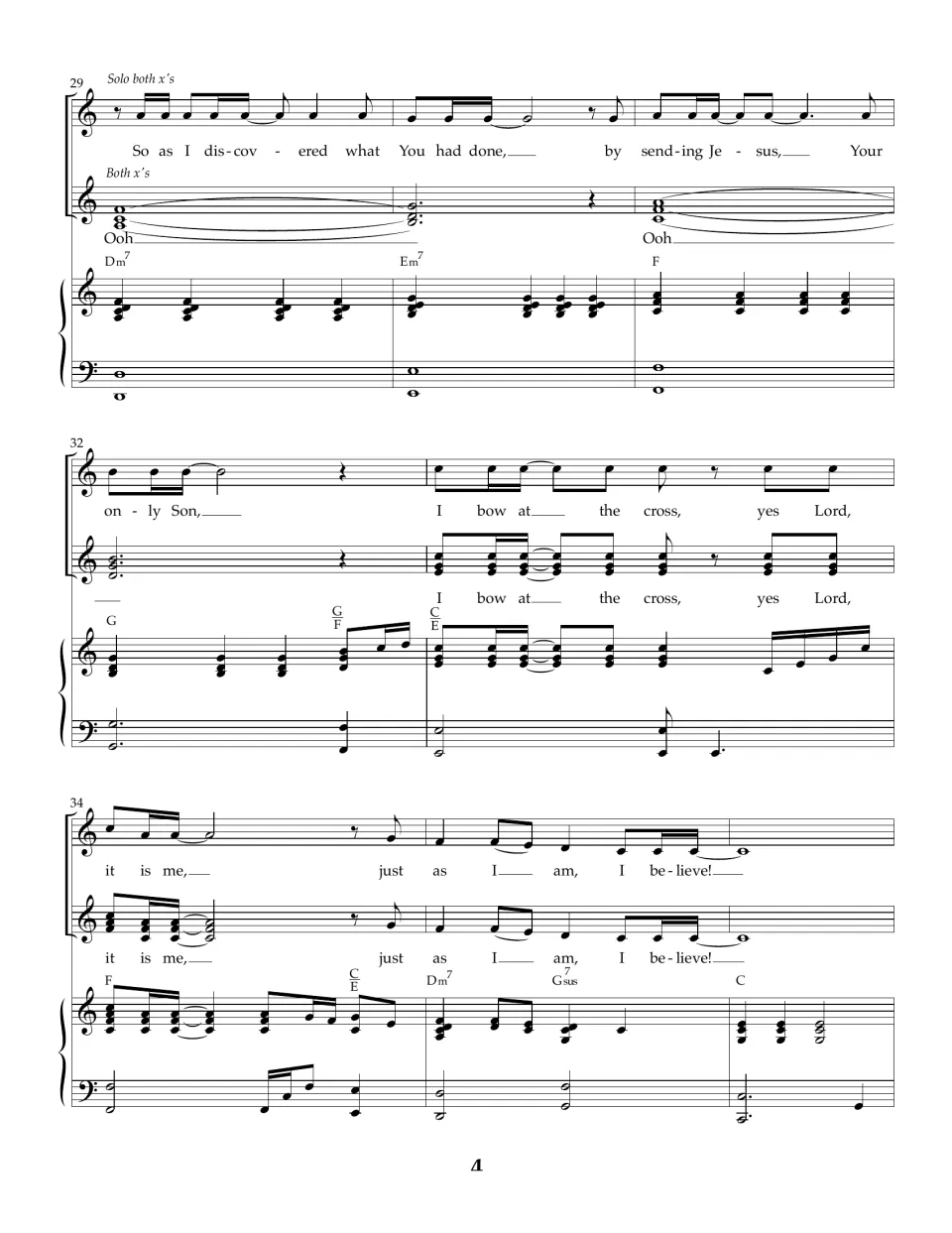 Solo section, bars 29-36: 'So as I discovered' sung over a second part holding 'Ooh', ending 'I believe!'
