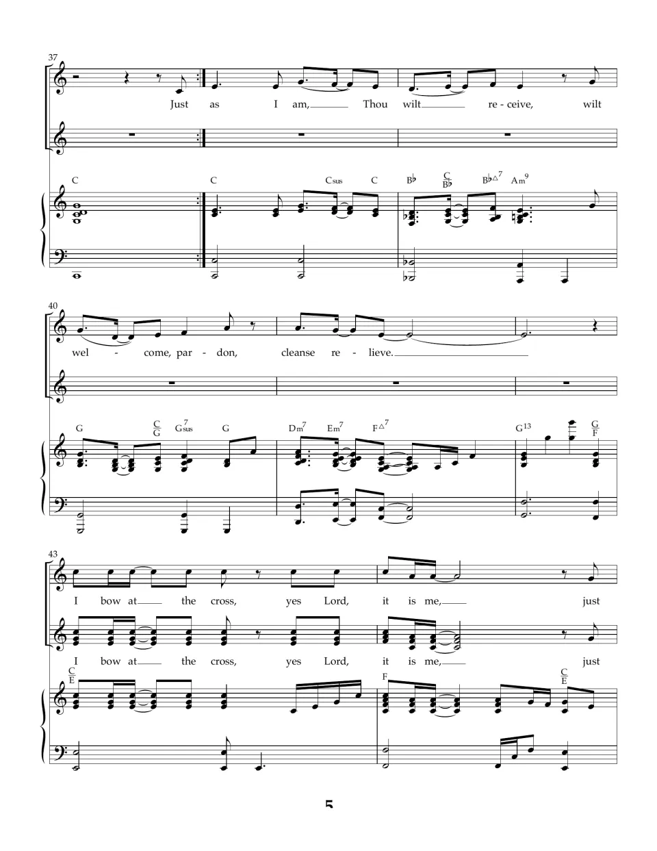Last verse of the score, bars 37-44: 'Thou wilt receive, welcome, pardon, cleanse, relieve' and the cross refrain