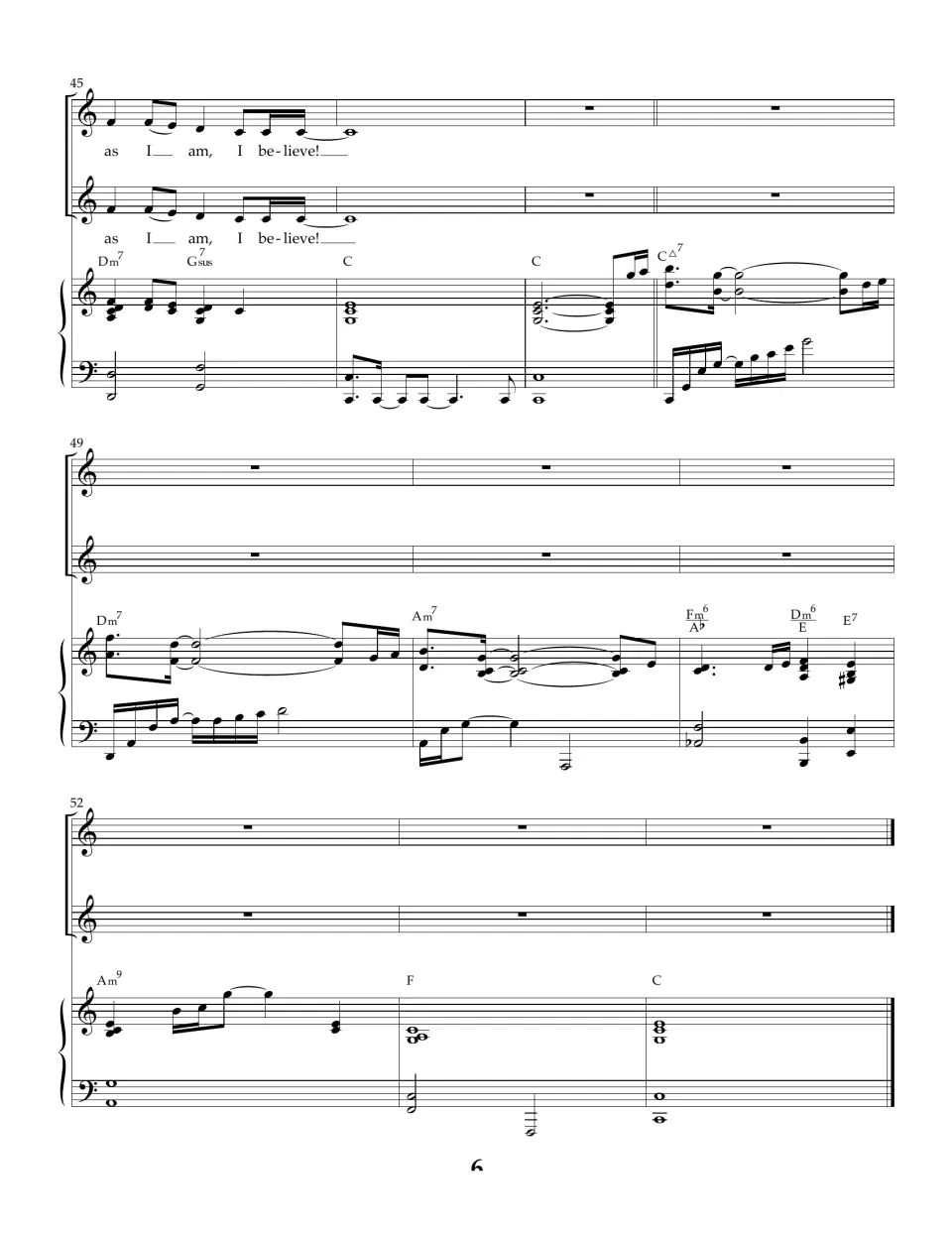 Closing page of the song score, bars 45-54: voices end on 'I believe!' and the piano plays the outro to a final C chord