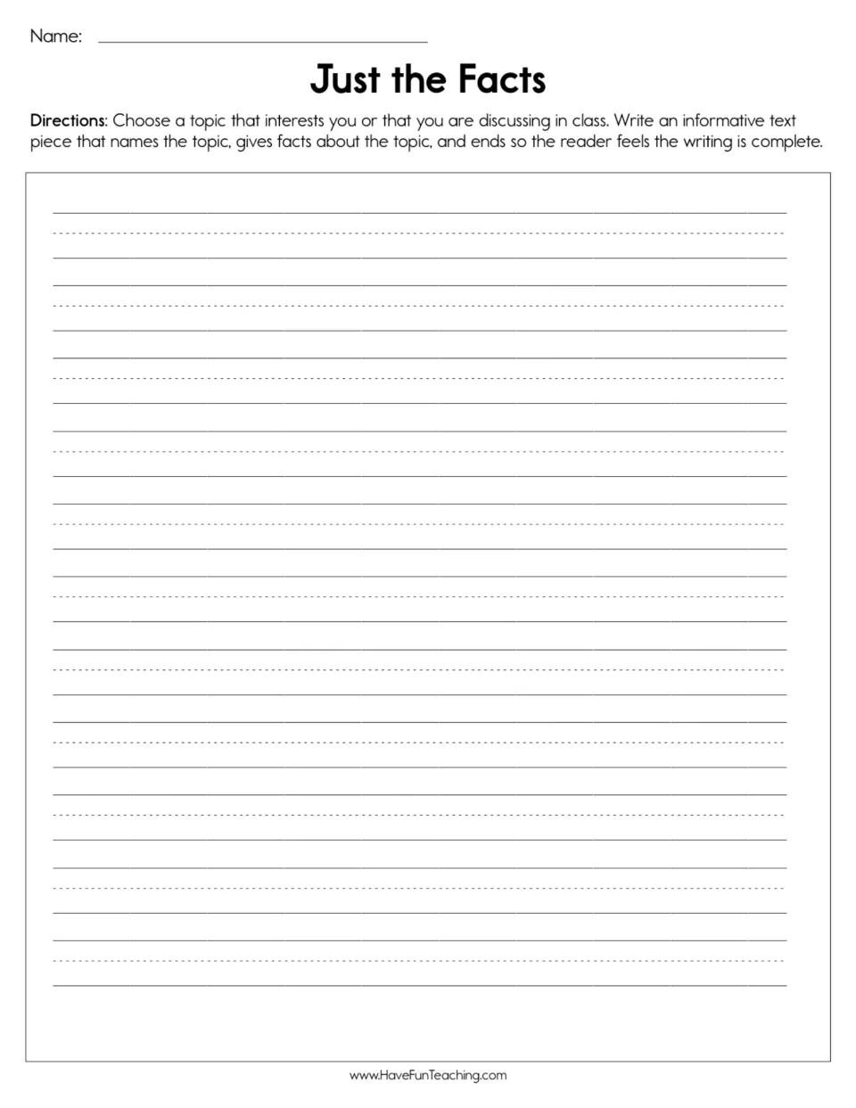 Informative writing worksheet: choose a topic, name it, give facts, and write an ending that feels complete.