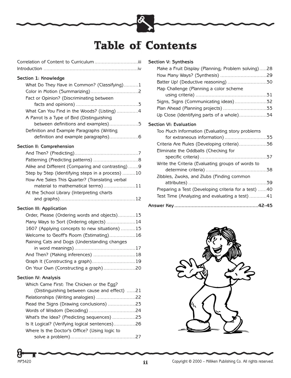 Workbook contents listing six thinking skill sections, activities on pages 1–41, and answers on pages 42–45
