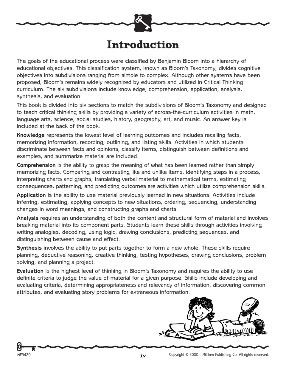Workbook introduction explaining Bloom’s six thinking levels and the activities used in each section