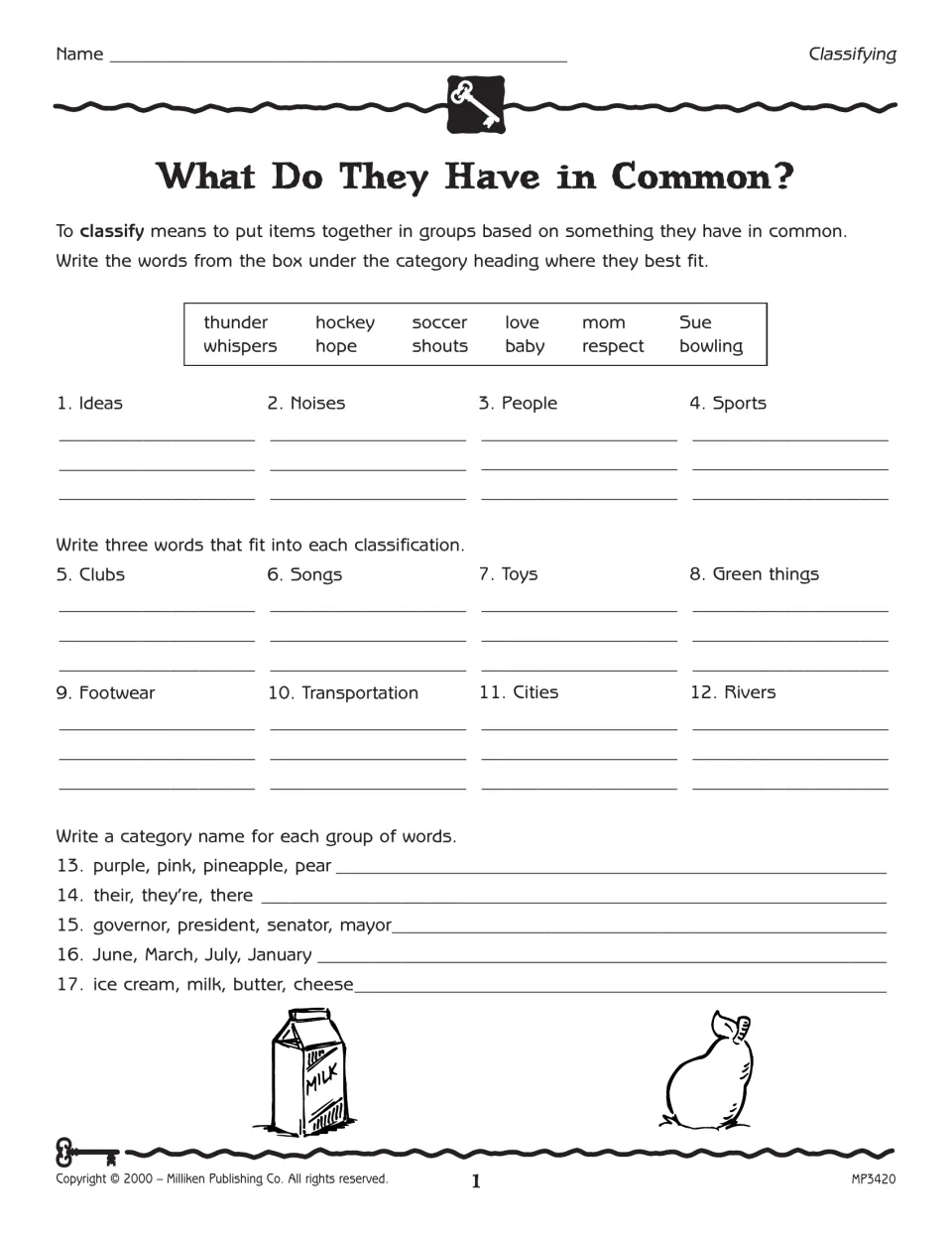 Classifying activity sorting words into ideas, noises, people, and sports, then naming examples and groups