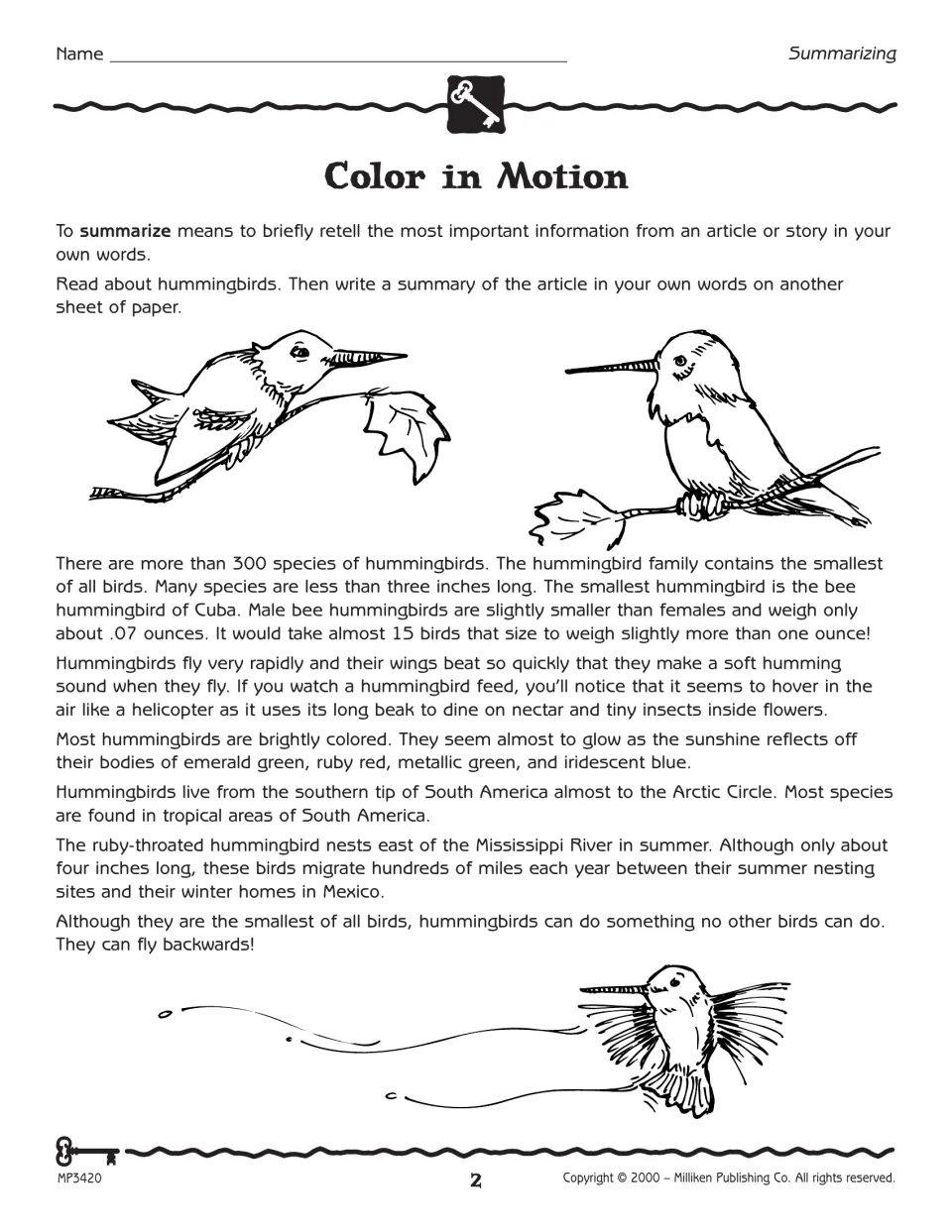 Color in Motion reading about hummingbird size, flight, colors, and habitats, followed by a summary task