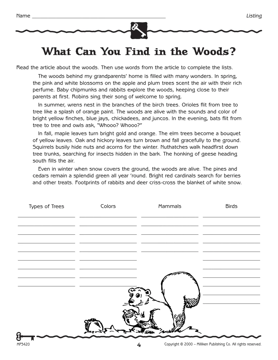 Woodland reading activity asking students to list trees, colors, mammals, and birds from a seasonal passage