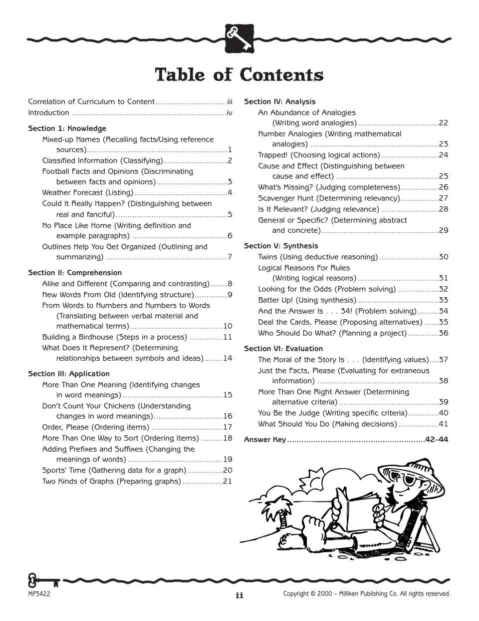 Workbook contents list six thinking sections, activities on pages 1–41, and an answer key on pages 42–44