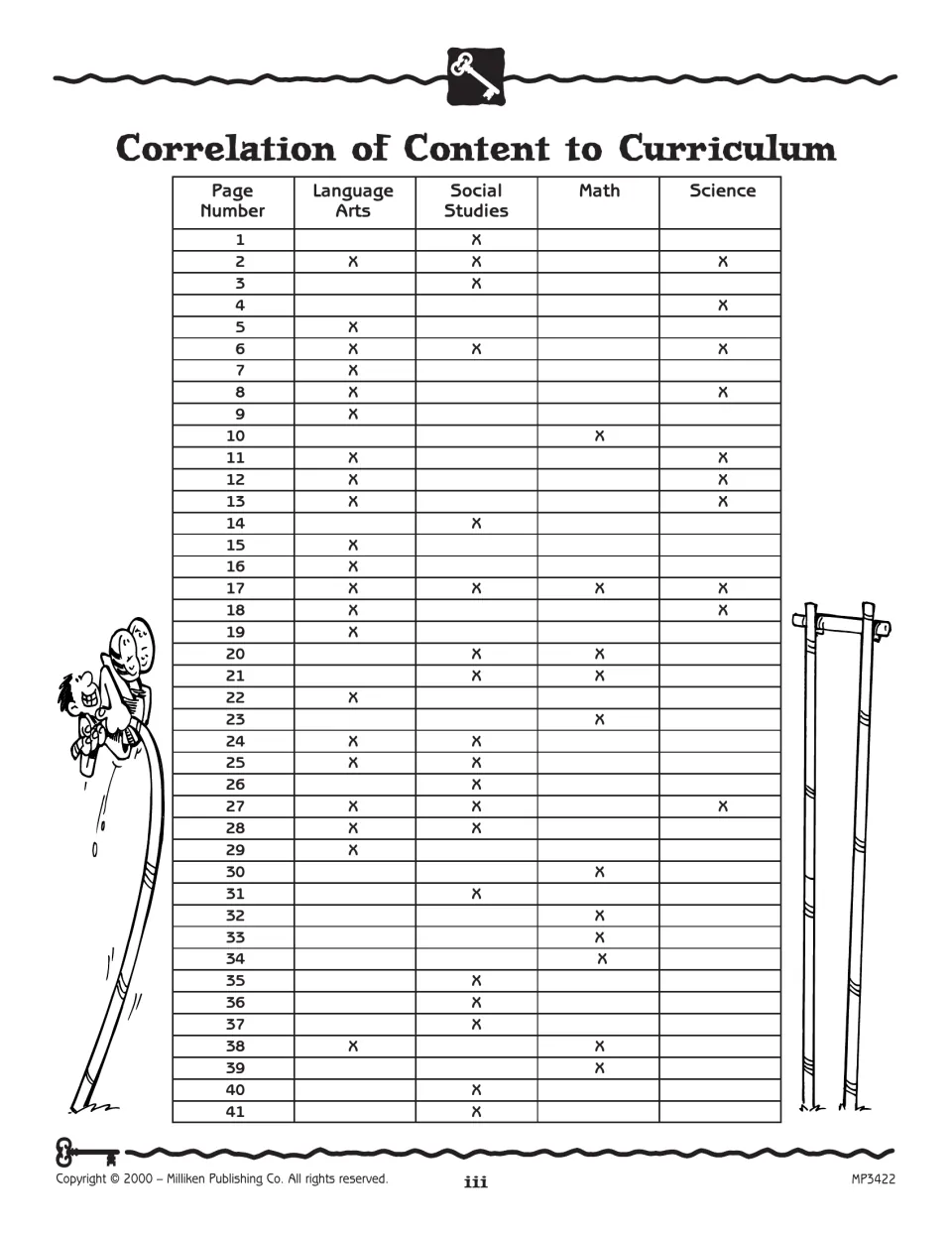 Workbook curriculum chart connects activity pages 1–41 to language arts, social studies, math, and science