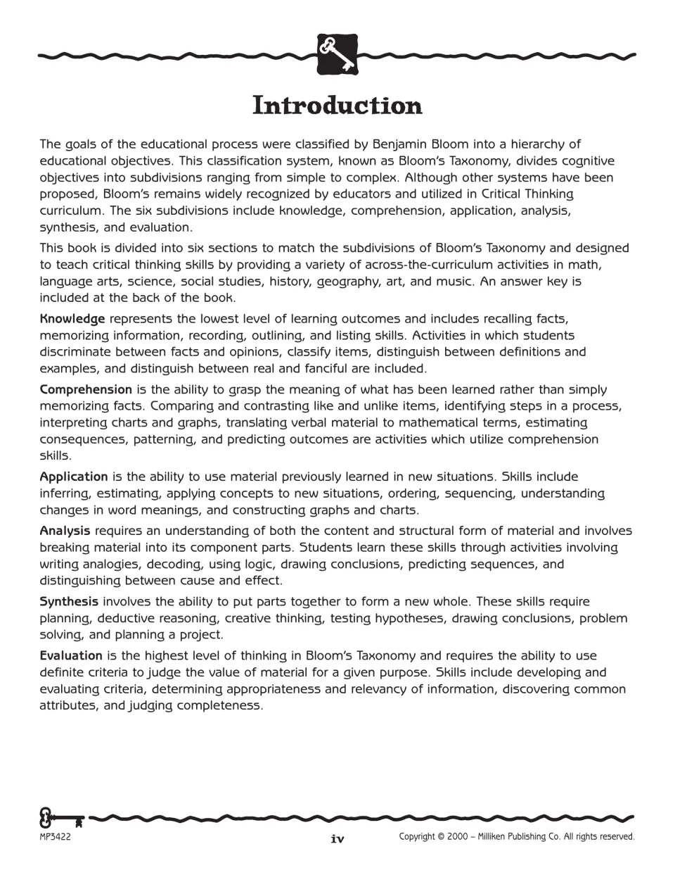 Workbook introduction explains Bloom's six thinking levels and how they organize cross-curricular activities