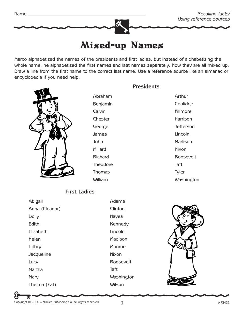 Mixed-up Names activity asks students to match presidents' and first ladies' first and last names using references