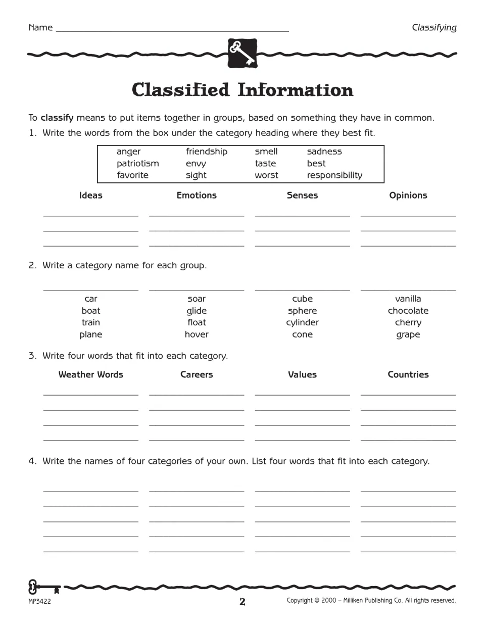 Classified Information activity asks students to sort words, name categories, and create categories of their own