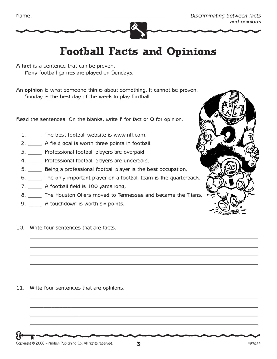 Football Facts and Opinions activity asks students to label nine statements and write four facts and four opinions