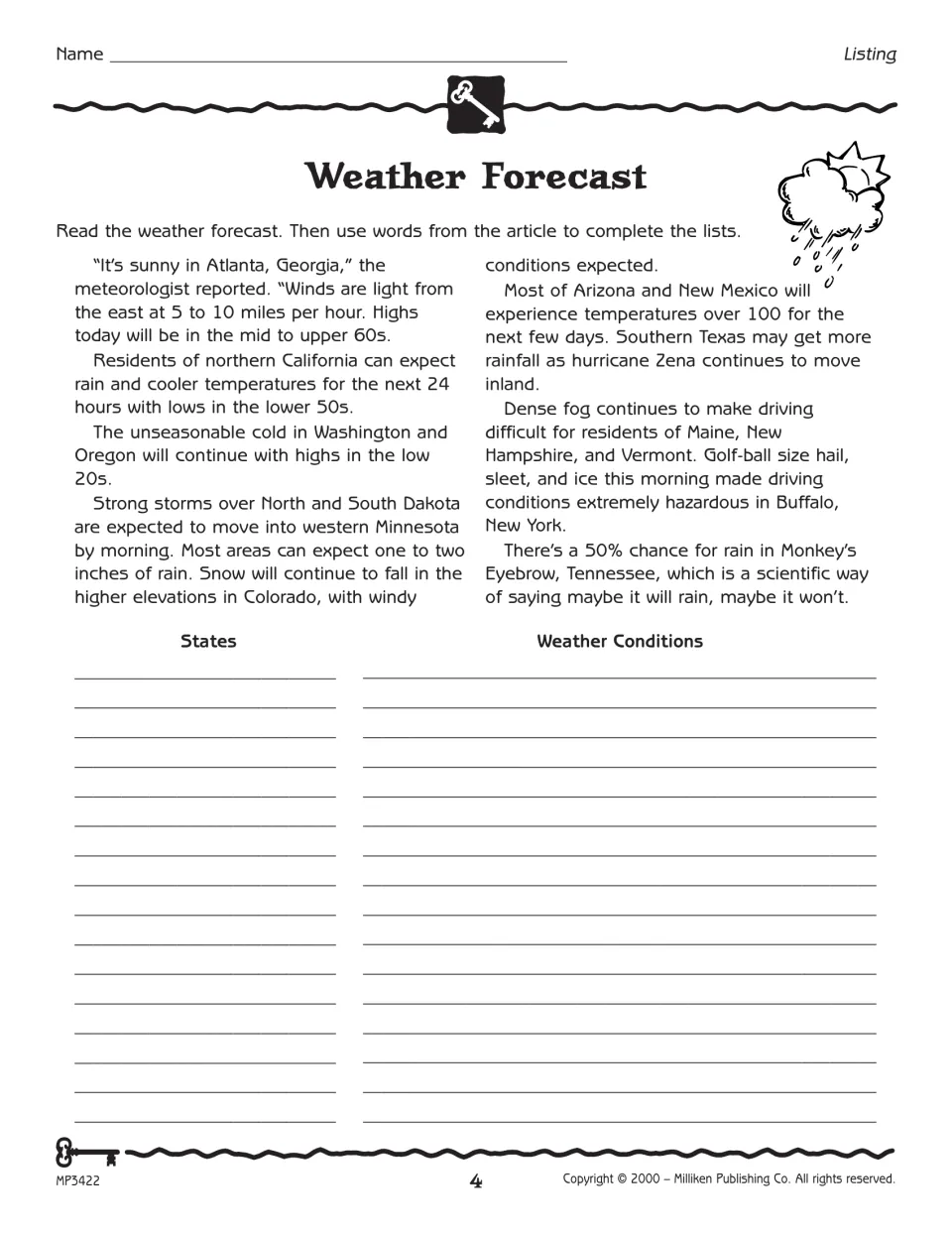 Weather Forecast activity asks students to read a forecast and list states and weather conditions from the article