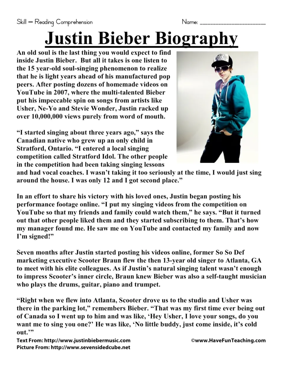 Biography passage, part 1: Justin Bieber's YouTube videos, singing competition, and discovery by Scooter Braun