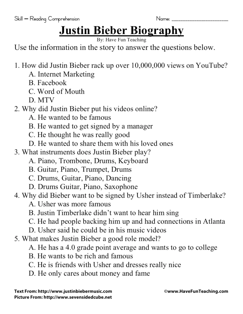 Five multiple-choice biography questions about Bieber's video views, sharing videos, instruments, Usher, and goals