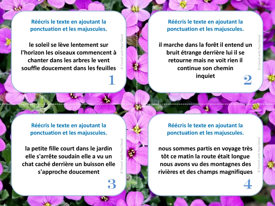 French punctuation cards 1–4: texts about sunrise, a forest walk, a girl finding a cat, and a trip.