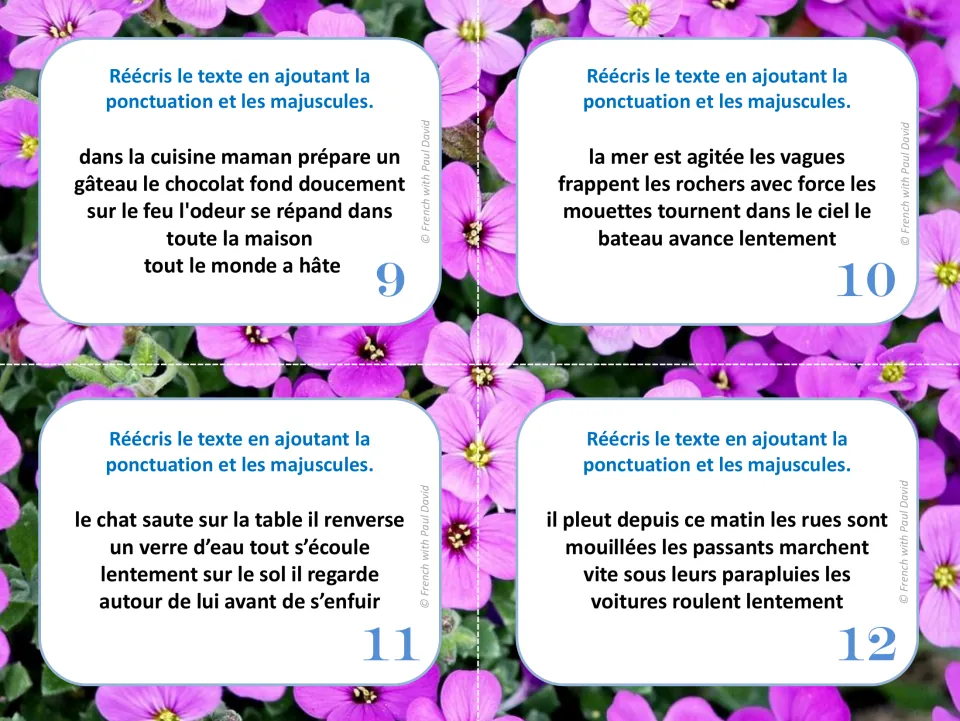 French punctuation cards 9–12: texts about baking a cake, rough seas, a cat spilling water, and rain.