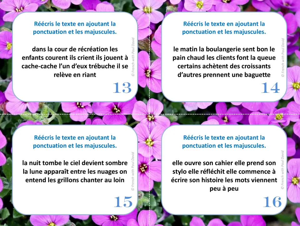 French punctuation cards 13–16: texts about recess, a bakery, nightfall, and a girl writing a story.
